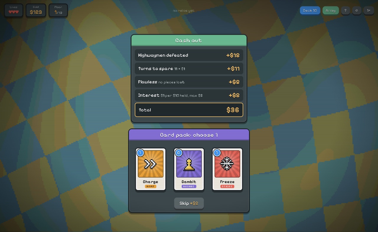 The cash out screen: gold for the win, spare turns, a flawless bonus and interest, then a card pack